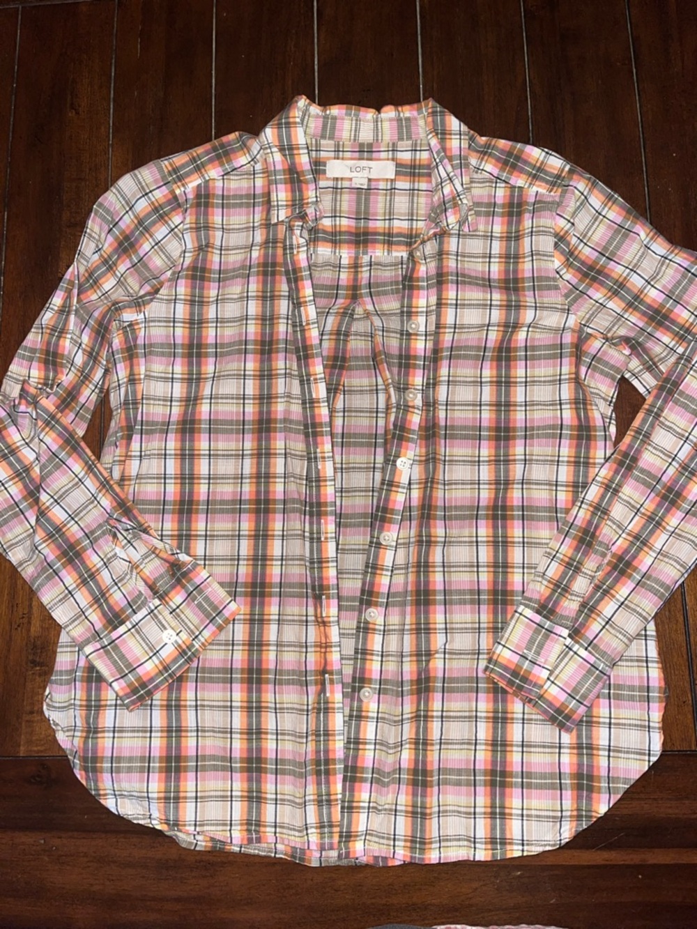 LOFT 100% cotton Pink Orange Plaid Button-Front Shirt